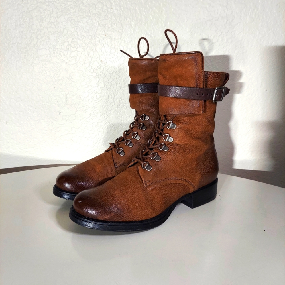 Miz Mooz New York Brown Leather Nerve Side Zip Combat Boots Women's Size 38